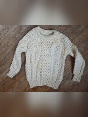 VTG Malinmor Small Pure Wool Ivory Fisherman Cardigan Sweater Made In Ireland